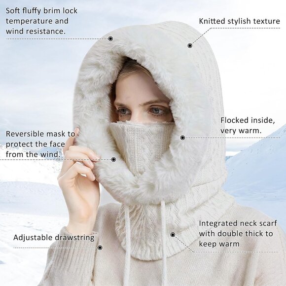 Women White Polyester Warm Thick Fluff Beanie Neck Face Winter Balaclava - Picture 2 of 7